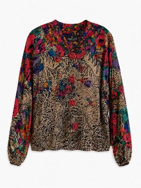 80s 90s Carole Little Moulin Rouge Floral Art to Wear Rose Button Blouse